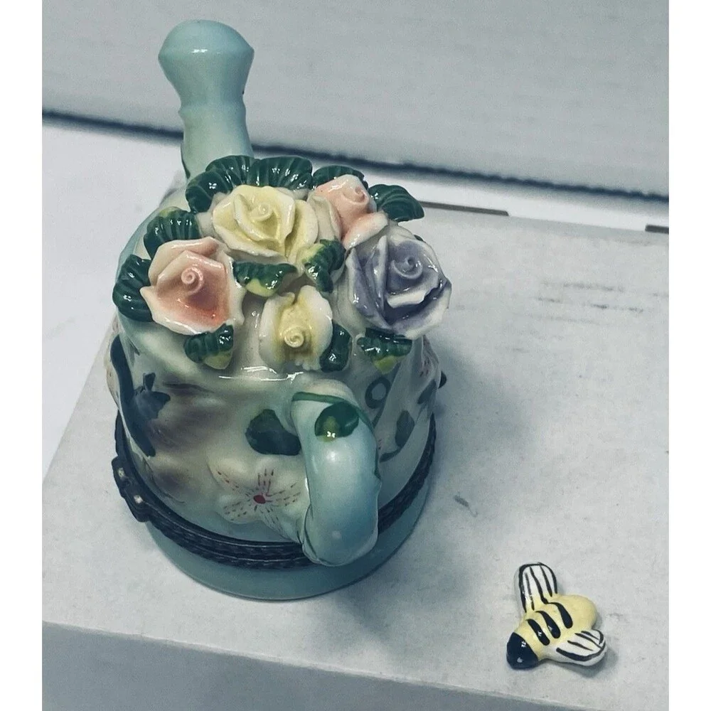 Vintage Porcelain Hinged Trinket Box Watering Can Hummingbird BumbleBee Flowers